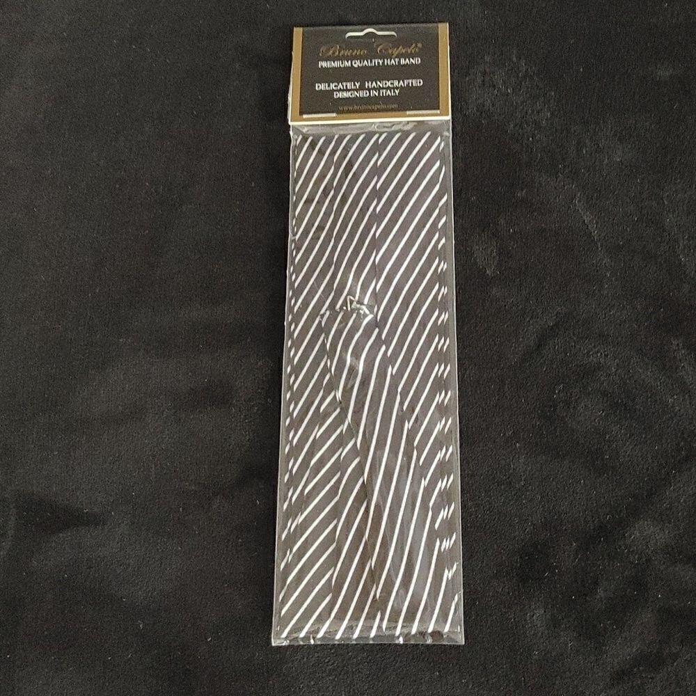 BRUNO CAPELO FASHION 3 PLEAT SATIN HAT BAND. BLACK & WHITE THIN STRIPE.